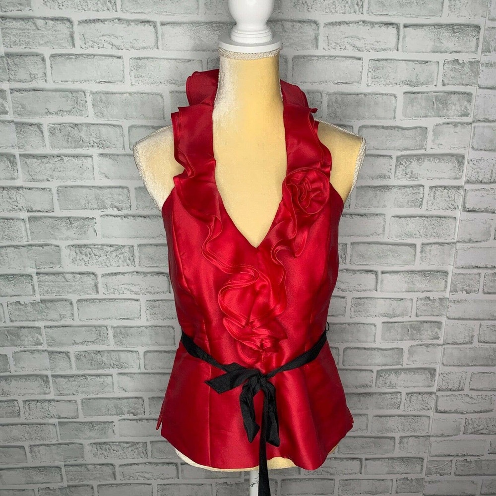 WHBM Red Halter Silk Blouse Ruffle Collar 6 A7-21